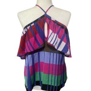 Express women's S geometric color block halter style ruffle top EUC